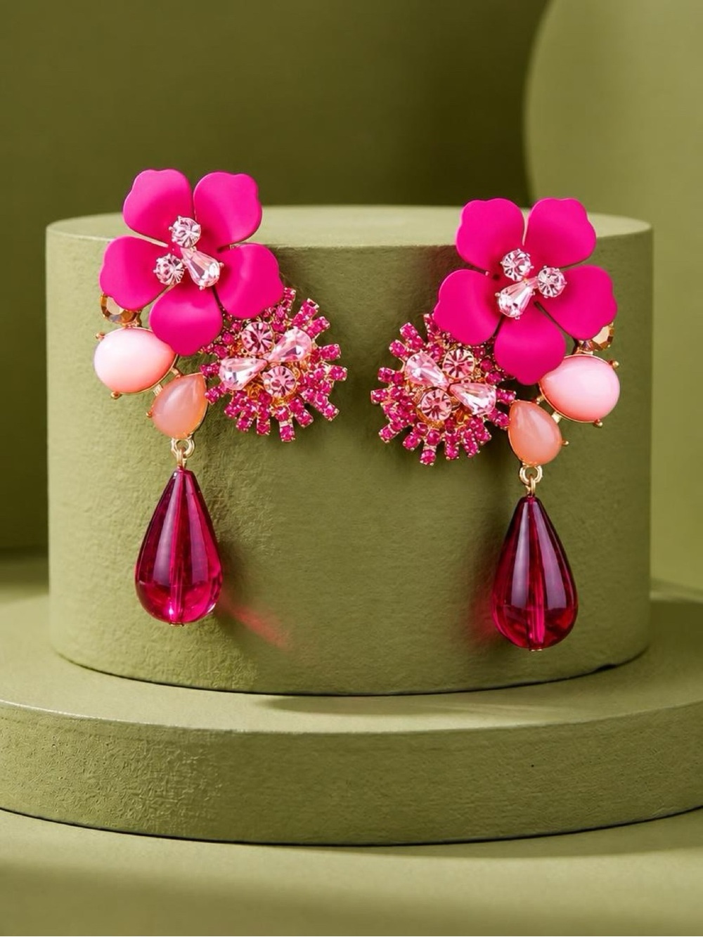 Vibrant Pink Floral Drop Earrings with crystal Fuchsia Teardrops